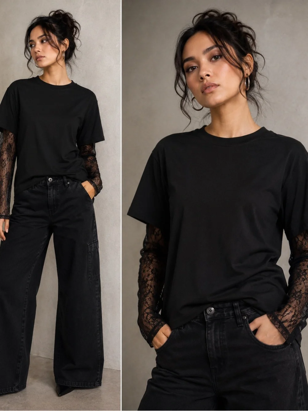 Black Lace Sleeve Tee - Picture 1 of 4
